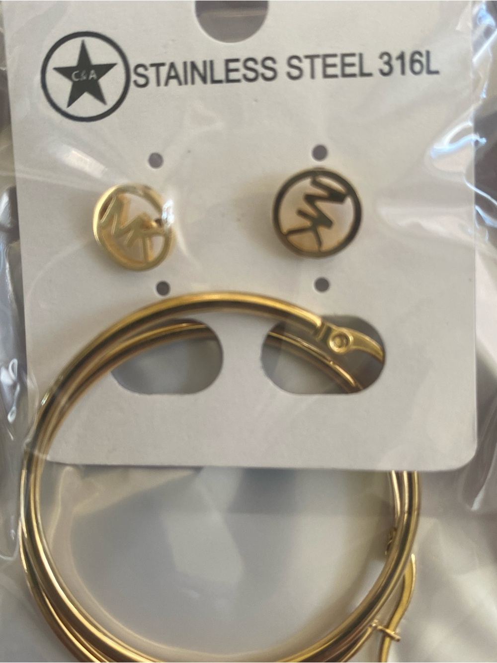Gold Stainless Steel Hoop & Logo Stud Earring Set